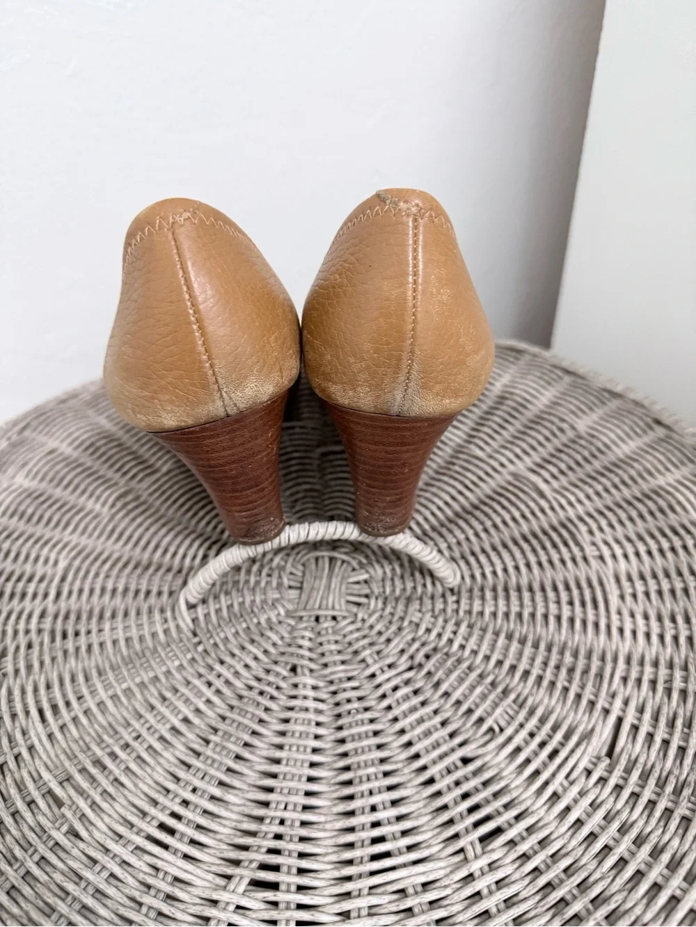Tory Burch Camel Leather Peep-Toe wedges with Gold Logo Medallion